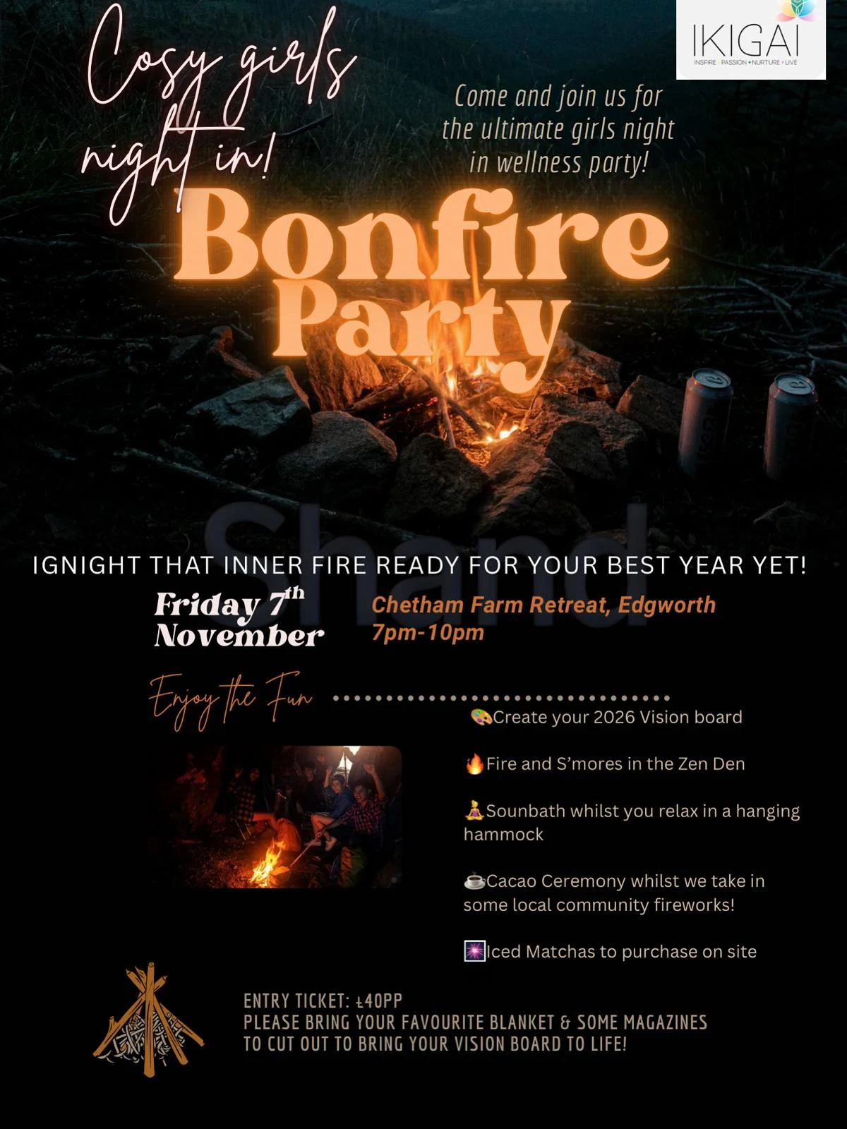 Original poster for the sold-out Cosy Girls Night In bonfire wellness party at Chetham Farm Retreat