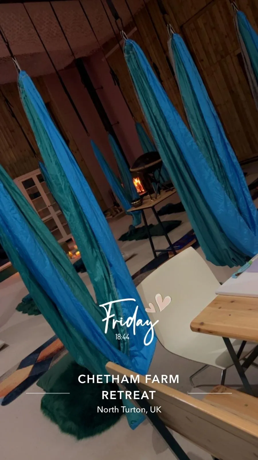 Blue aerial hammocks prepared for a relaxing soundbath session at Chetham Farm Retreat