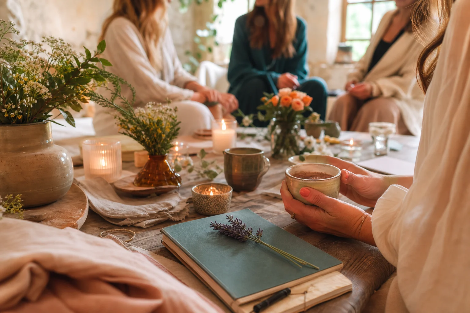 Women sharing a warm drink around a thoughtfully styled wellbeing gathering